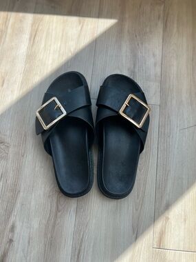 ASOS Black Slide Sandals with Gold Buckles